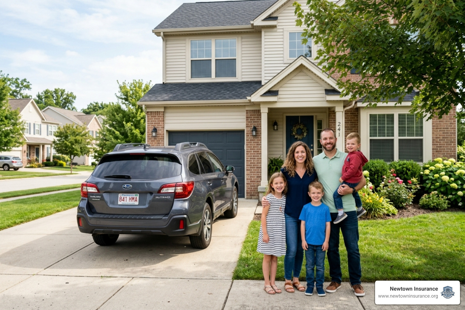 family standing in front of their home and car representing bundled insurance policies - auto insurance savings tips