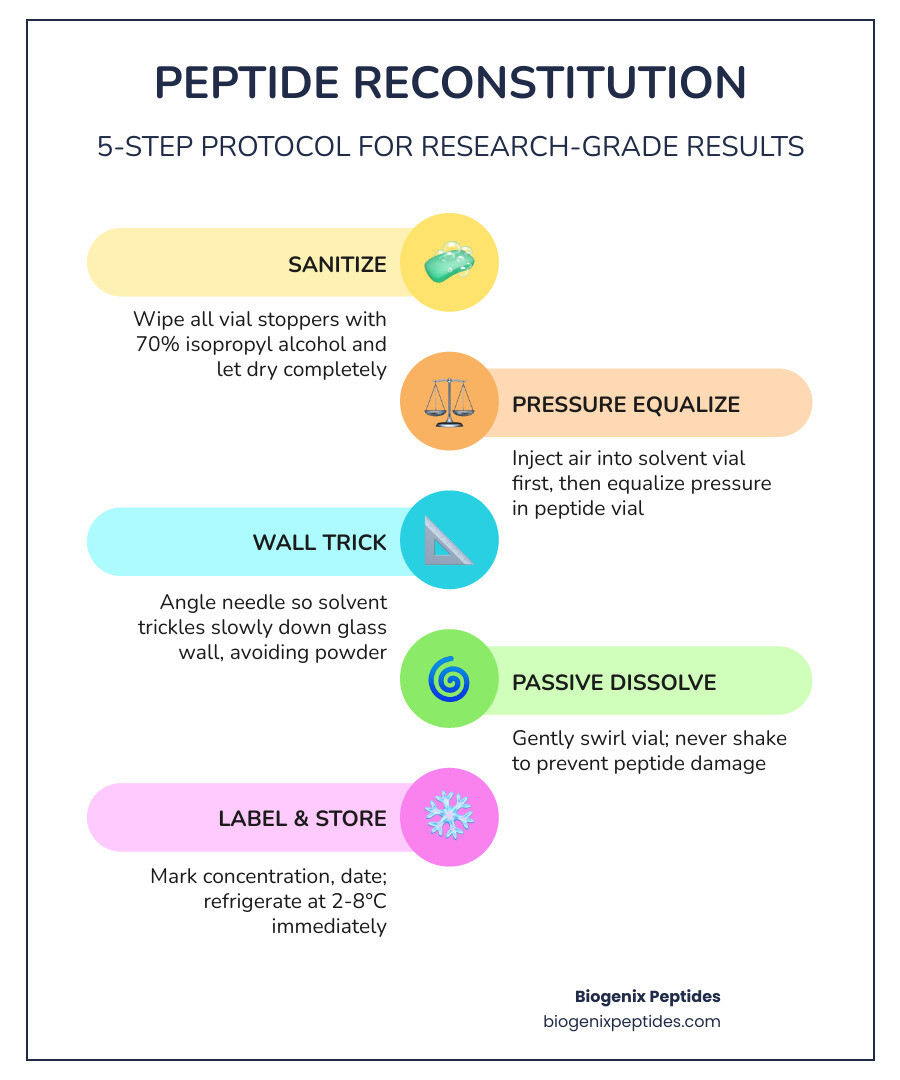 Infographic showing the 5-step peptide reconstitution workflow from lyophilized powder to labeled vial - peptide Infographic showing the 5-step peptide reconstitution workflow from lyophilized powder to labeled vial - peptide