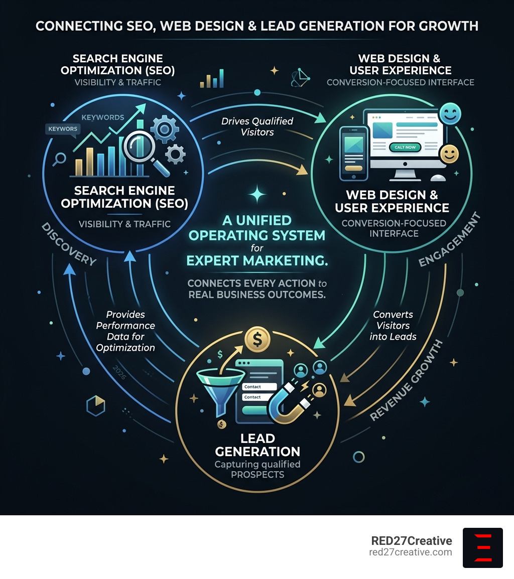 Infographic showing the connection between SEO, web design, and lead generation - expert marketing advice infographic Infographic showing the connection between SEO, web design, and lead generation - expert marketing advice infographic