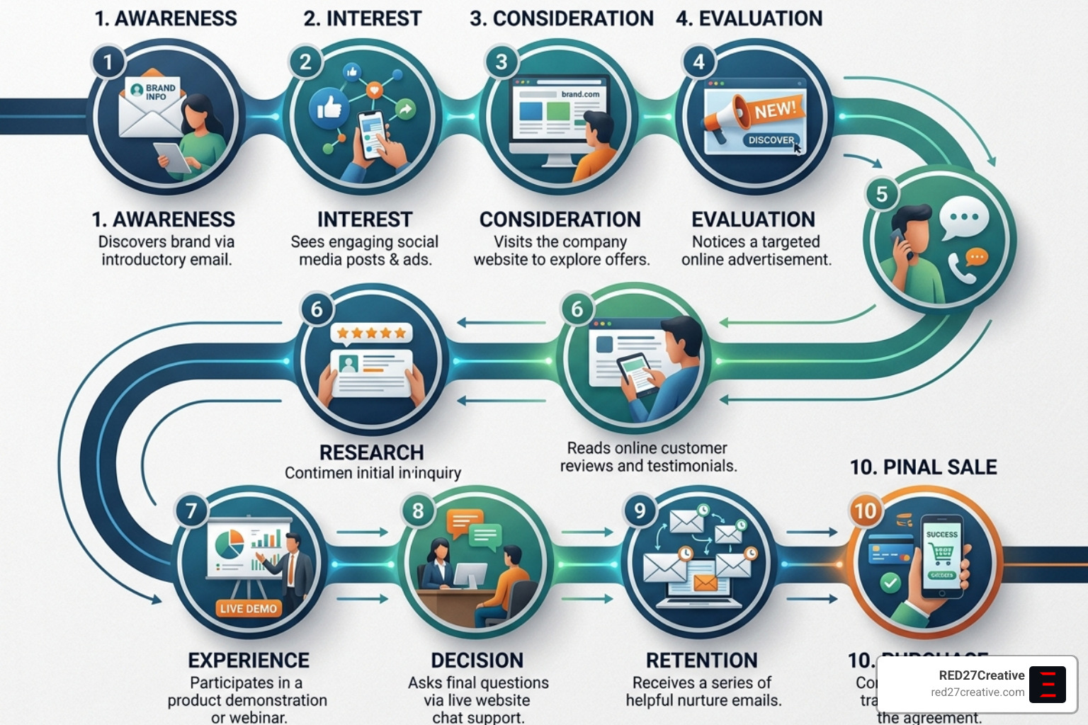 Visual representation of a 10-touchpoint customer journey - expert marketing advice Visual representation of a 10-touchpoint customer journey - expert marketing advice