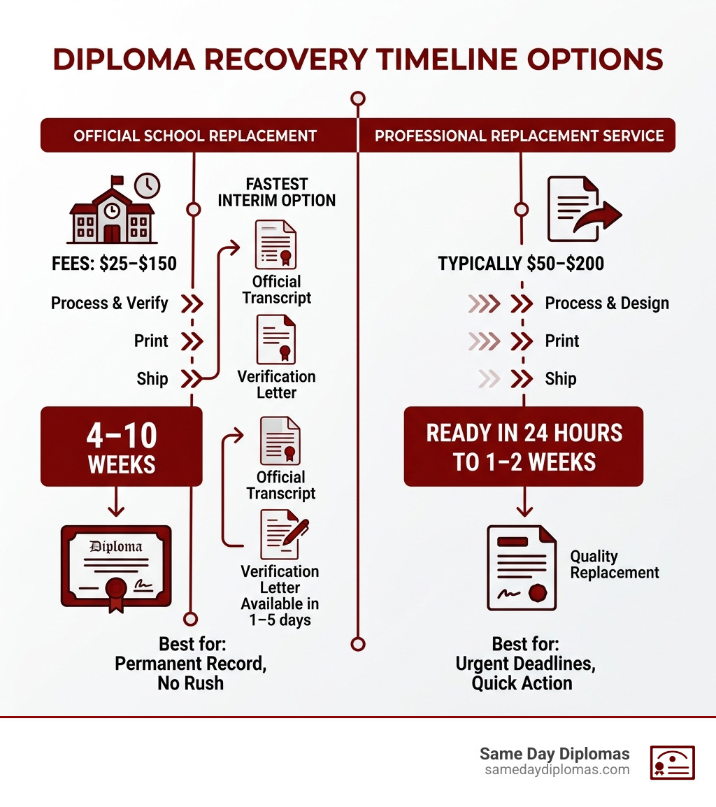 Diploma recovery timeline infographic showing official vs professional replacement options and timeframes - professional Diploma recovery timeline infographic showing official vs professional replacement options and timeframes - professional