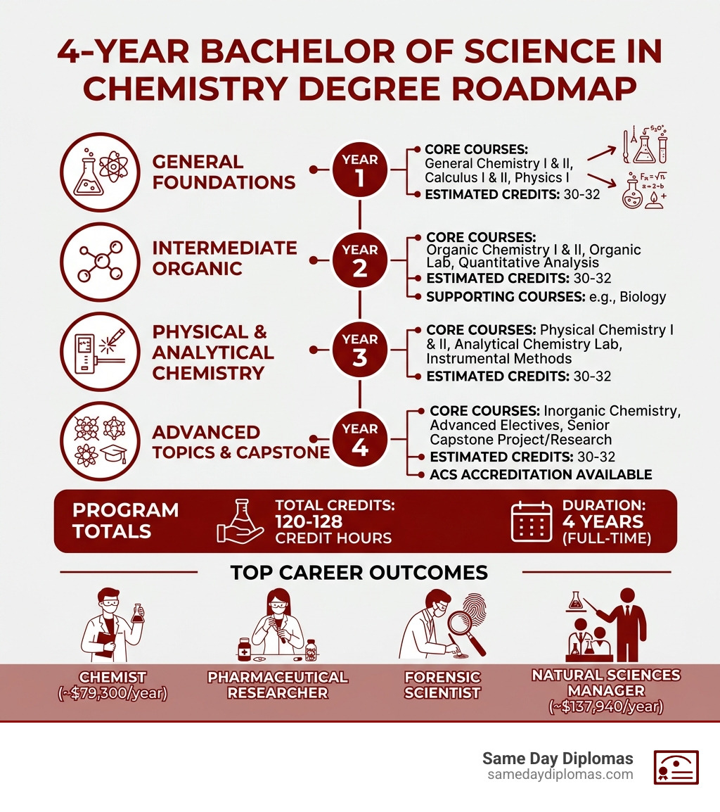 4-year bachelor of science in chemistry degree roadmap with credits, core courses, and career outcomes - bachelor of science