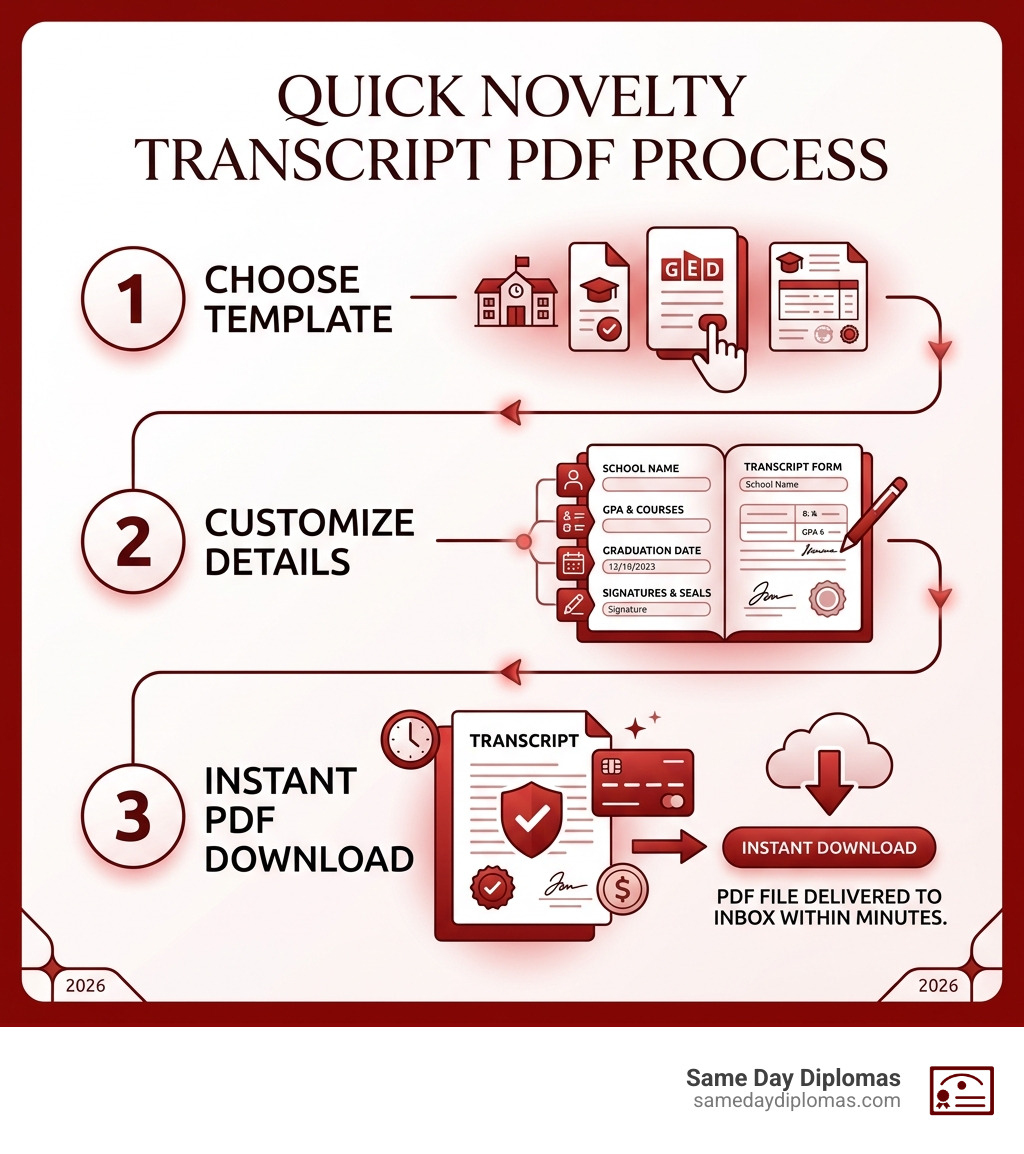 3-step process infographic: choose template, customize details, instant PDF download after payment - order fake transcript 3-step process infographic: choose template, customize details, instant PDF download after payment - order fake transcript