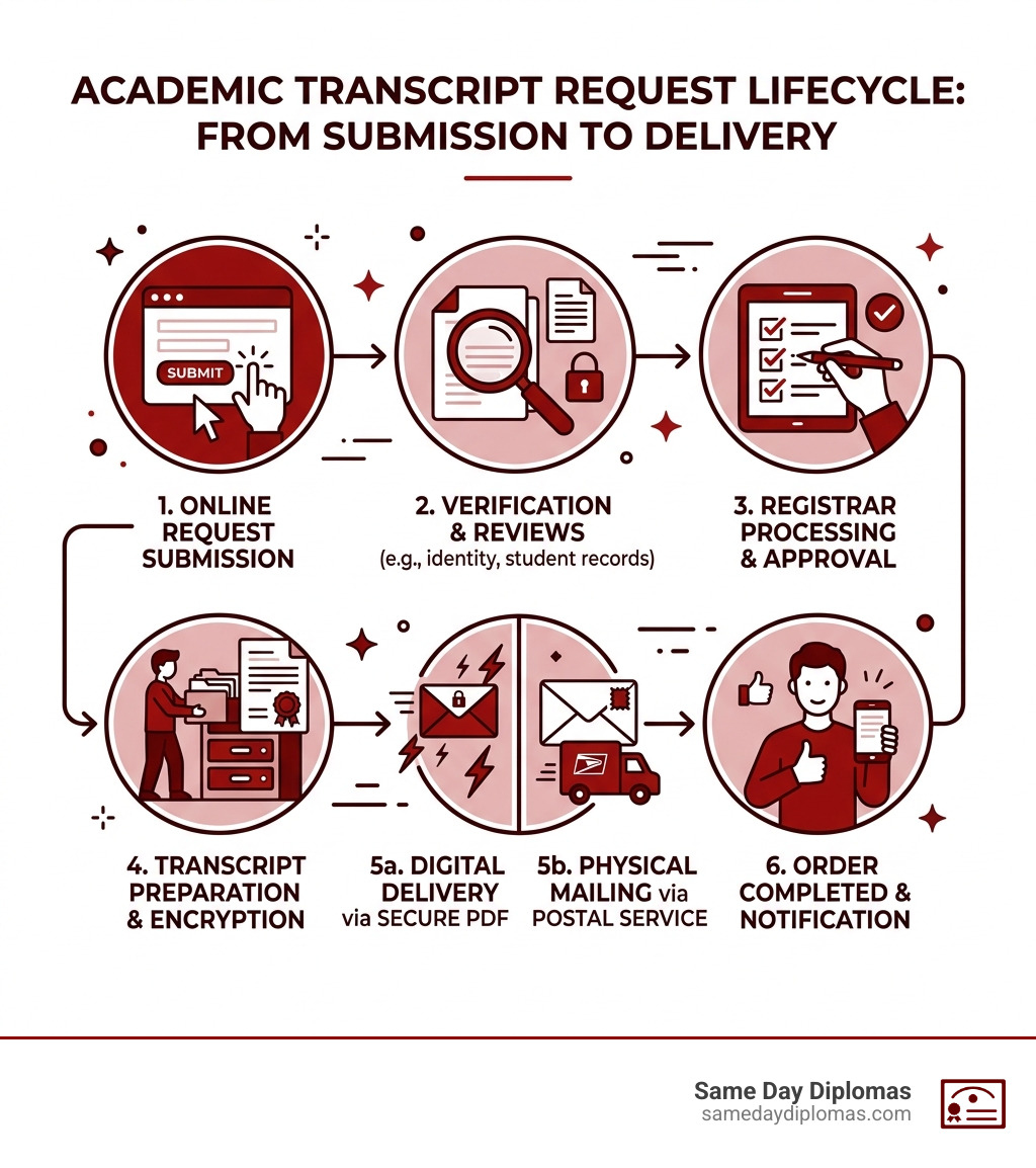 Step-by-step academic transcript request lifecycle from submission to delivery - academic transcript request infographic Step-by-step academic transcript request lifecycle from submission to delivery - academic transcript request infographic