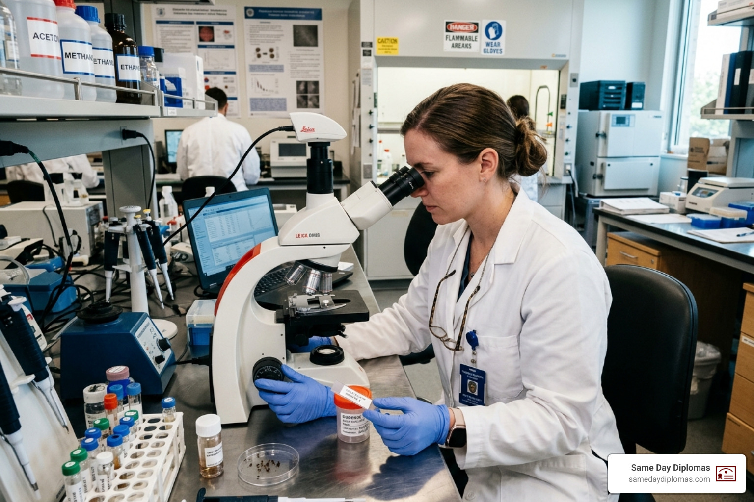 forensic scientist in a lab analyzing evidence with a microscope and chemical samples - bachelor of science in chemistry