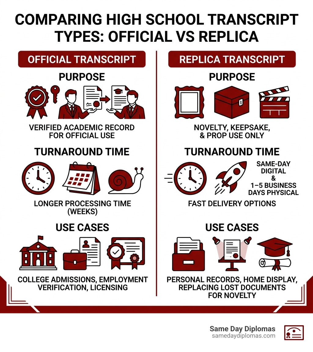 Infographic comparing official vs replica high school transcripts: purpose, turnaround time, and use cases - buy high school