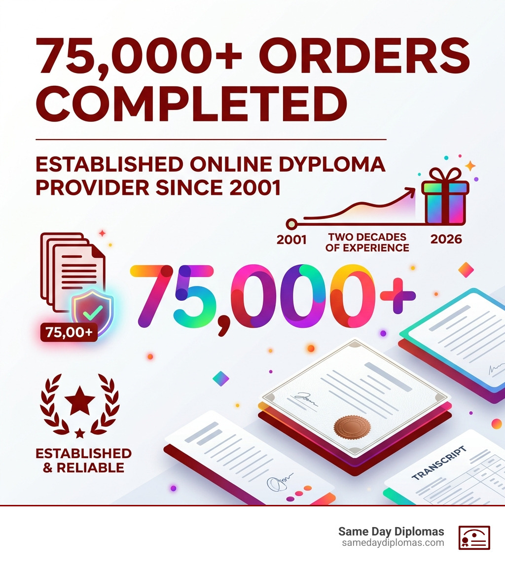 75,000+ Orders Completed - Established online diploma provider since 2001 - buy college transcript online infographic 75,000+ Orders Completed - Established online diploma provider since 2001 - buy college transcript online infographic