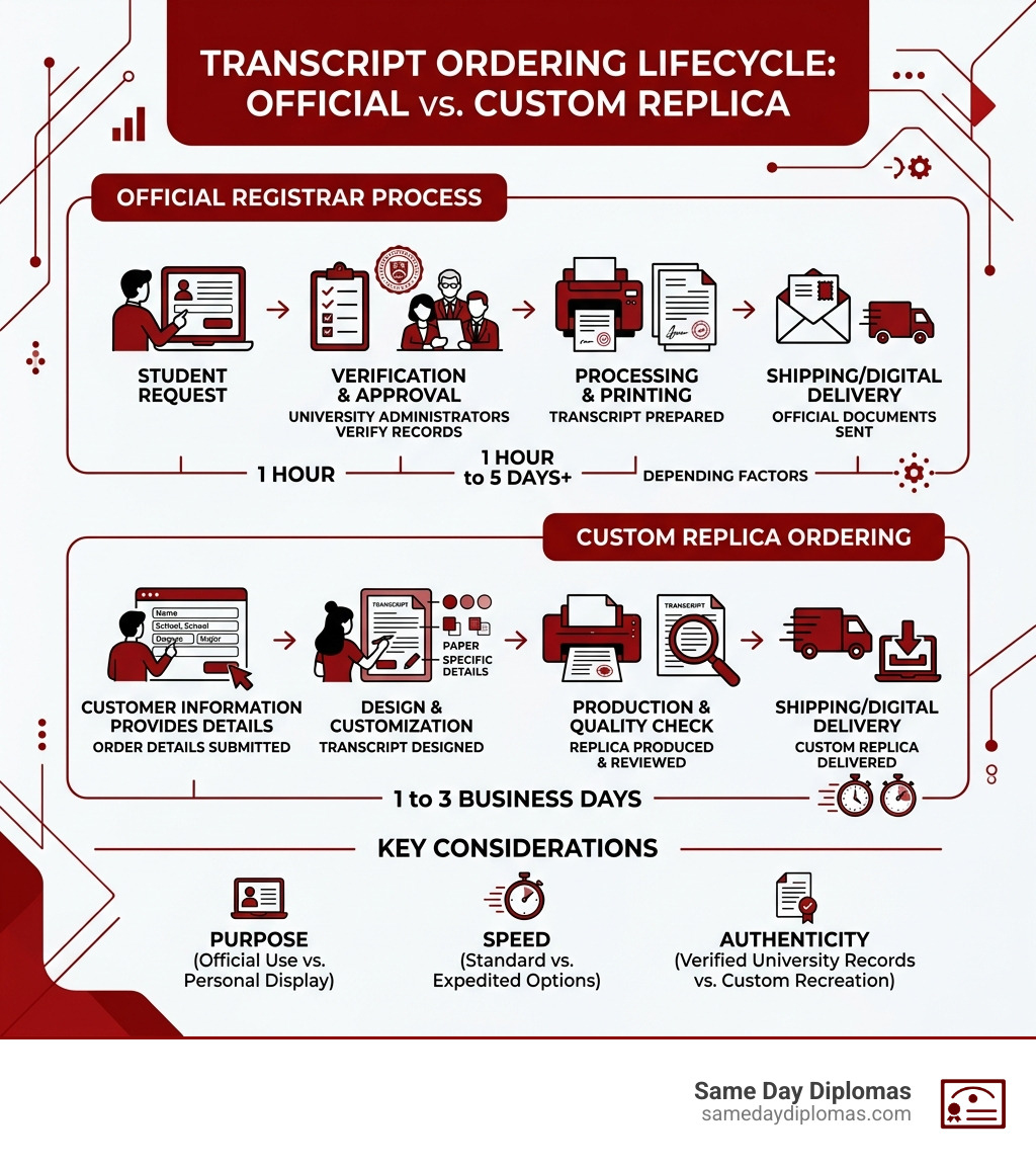 Transcript ordering lifecycle infographic showing official registrar process vs. custom replica ordering steps and timelines Transcript ordering lifecycle infographic showing official registrar process vs. custom replica ordering steps and timelines