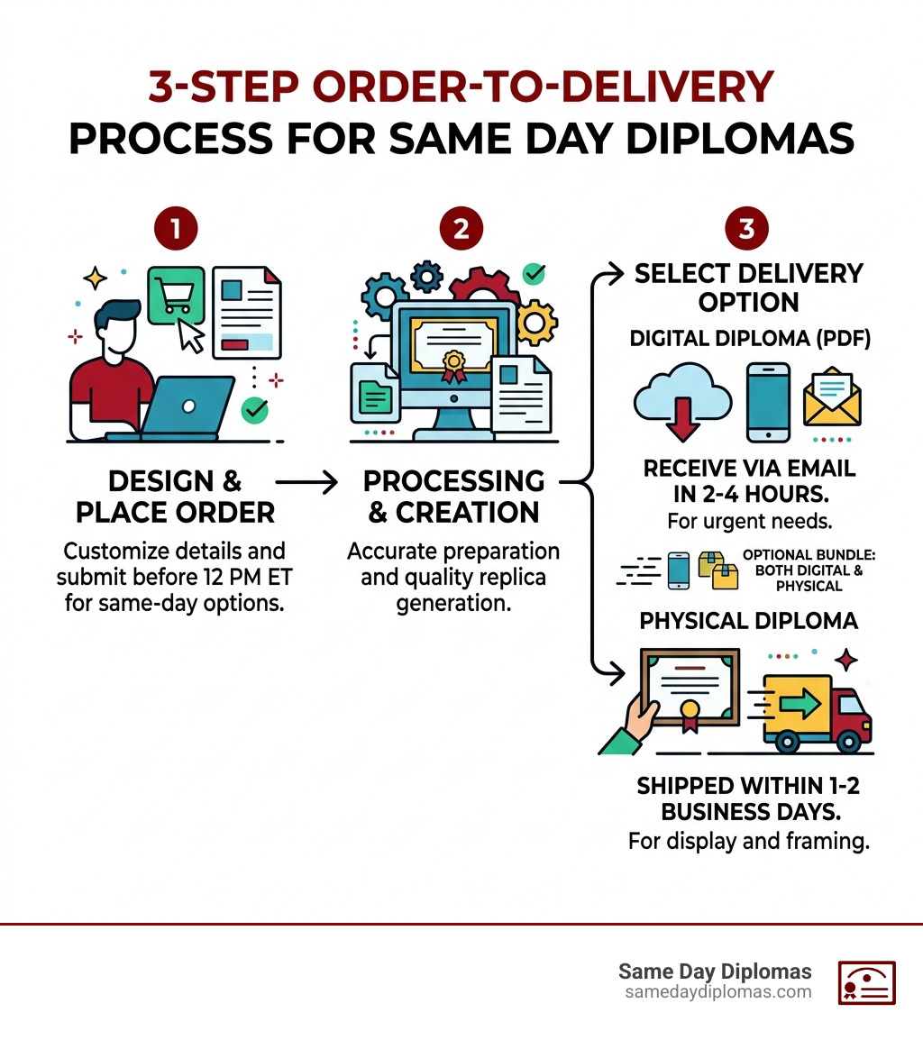 3-step order-to-delivery process for same day diplomas with digital and physical options - fast same day diploma infographic