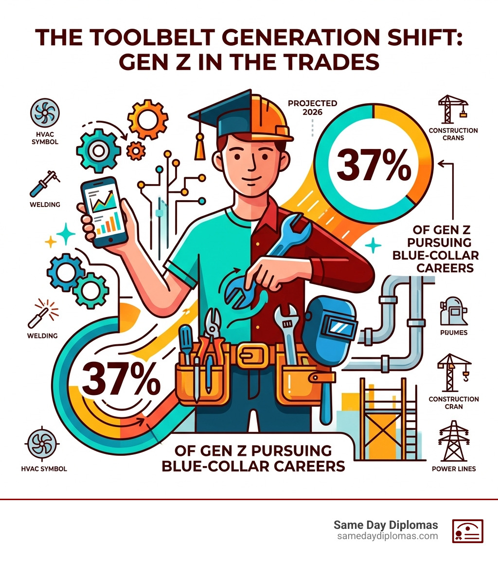Infographic showing the Toolbelt Generation shift with 37% of Gen Z pursuing blue-collar careers in 2026 - whats a blue
