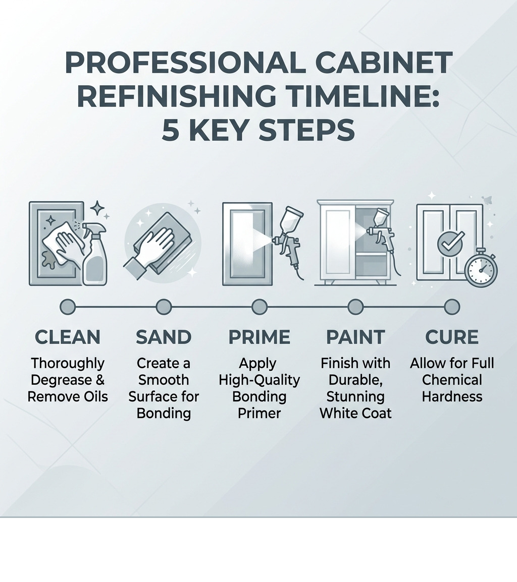 Infographic of the 5-step professional refinishing timeline: Clean, Sand, Prime, Paint, Cure - refinished white kitchen
