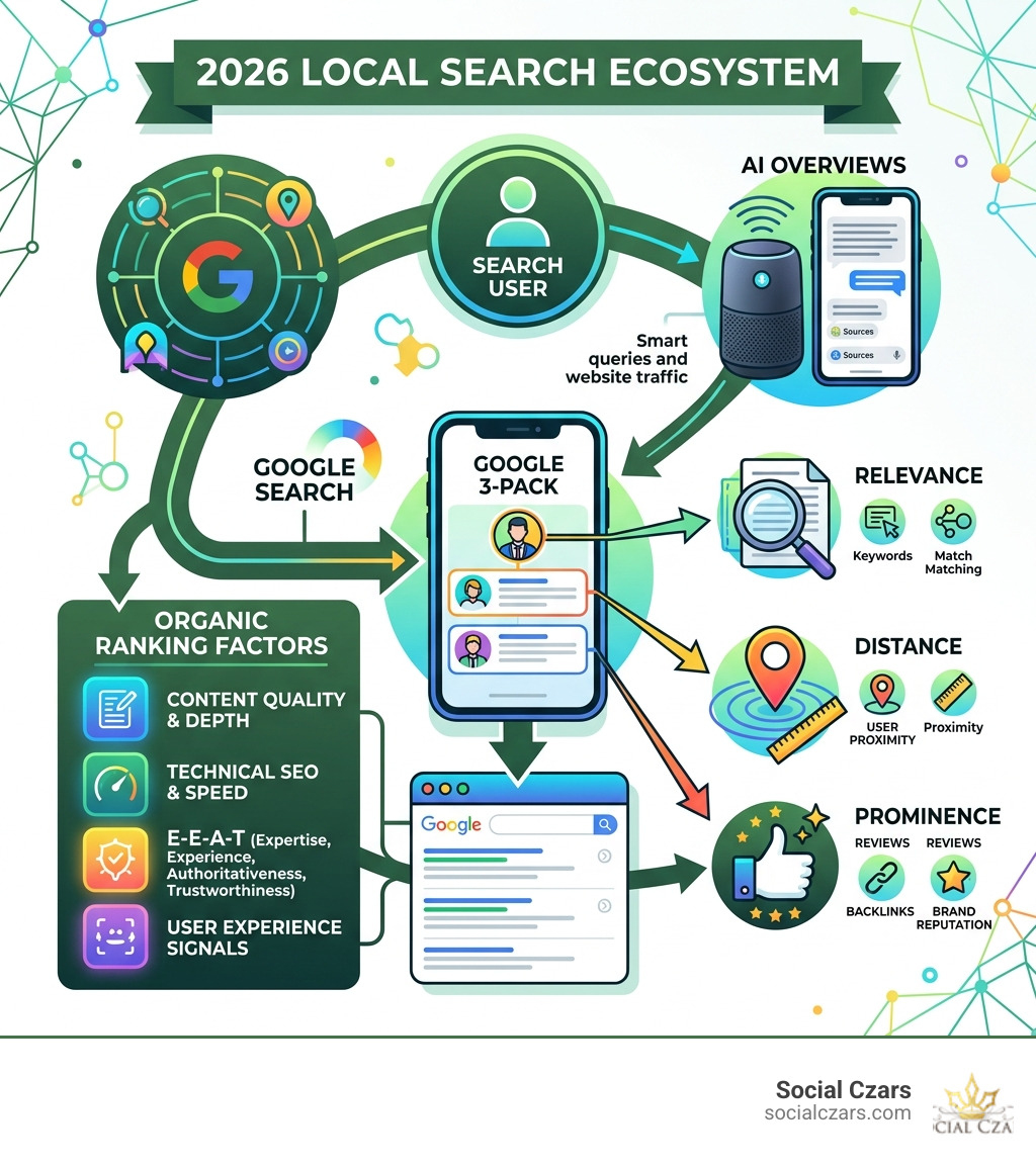 Infographic showing the 2026 local search ecosystem including relevance, distance, prominence, Google 3-Pack, AI Overviews