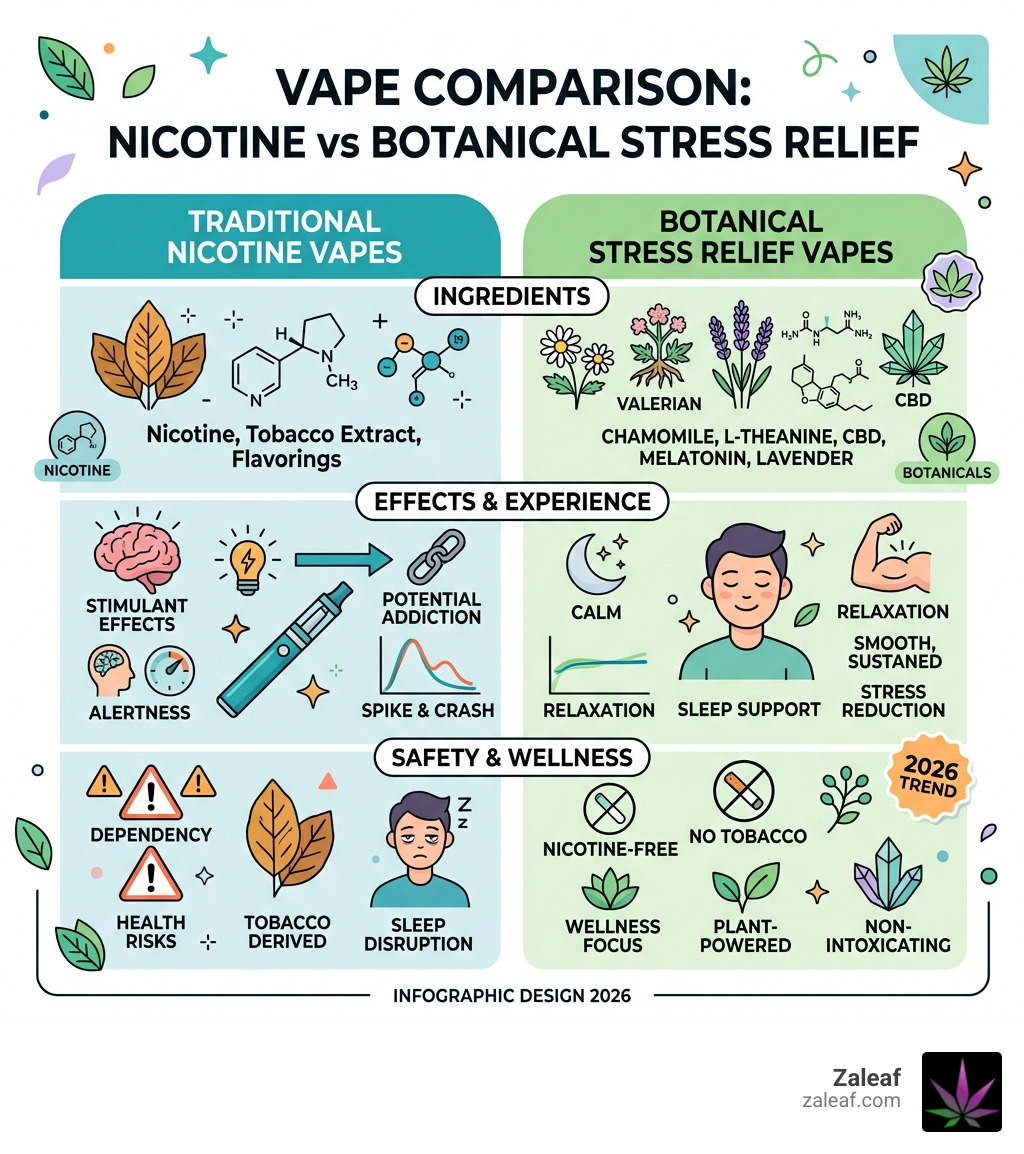 Infographic comparing traditional nicotine vapes vs botanical stress relief vapes: ingredients, effects, and safety - stress Infographic comparing traditional nicotine vapes vs botanical stress relief vapes: ingredients, effects, and safety - stress