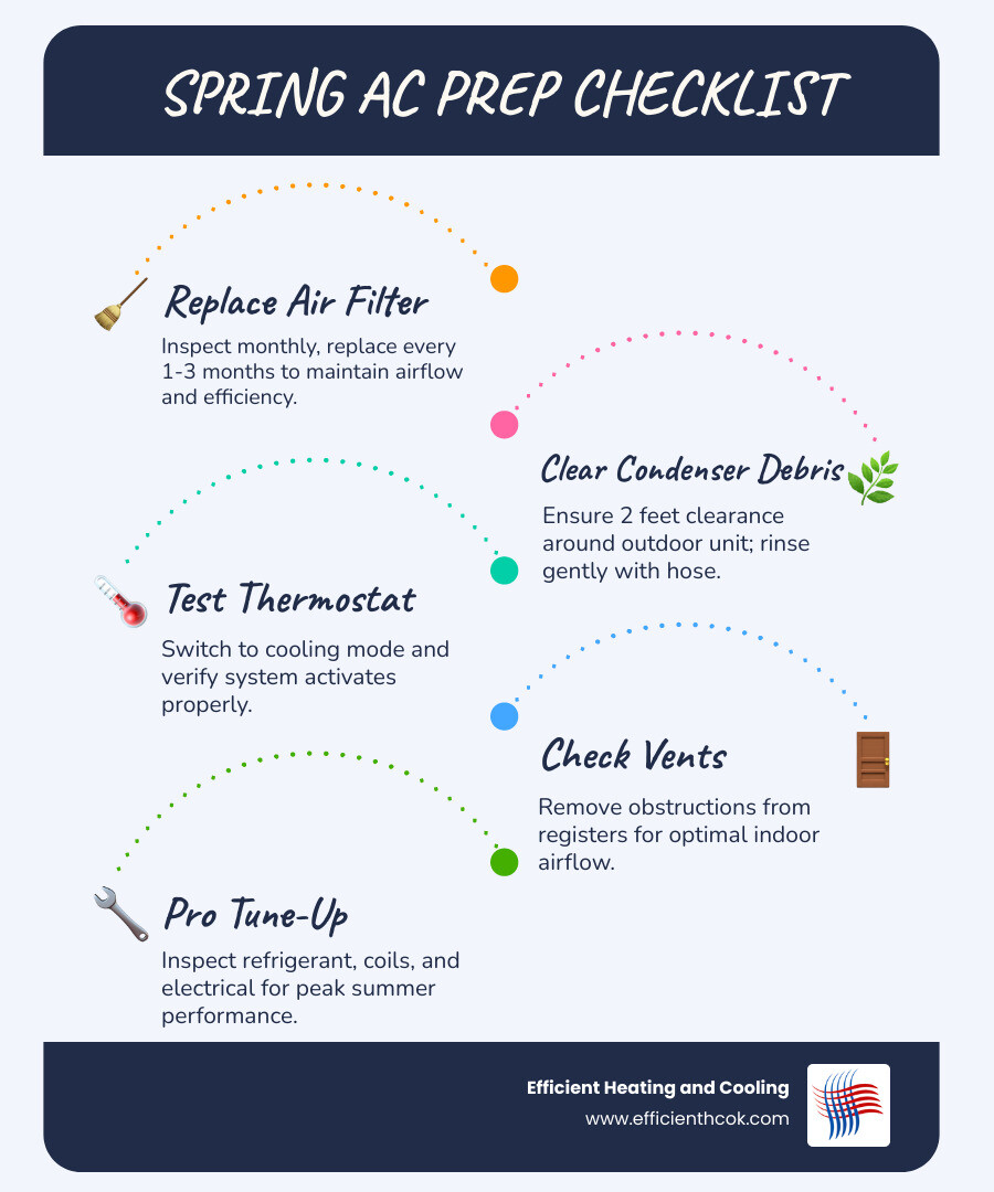 5-step spring AC preparation checklist infographic for Central Oklahoma homeowners - getting your cooling system ready for 5-step spring AC preparation checklist infographic for Central Oklahoma homeowners - getting your cooling system ready for