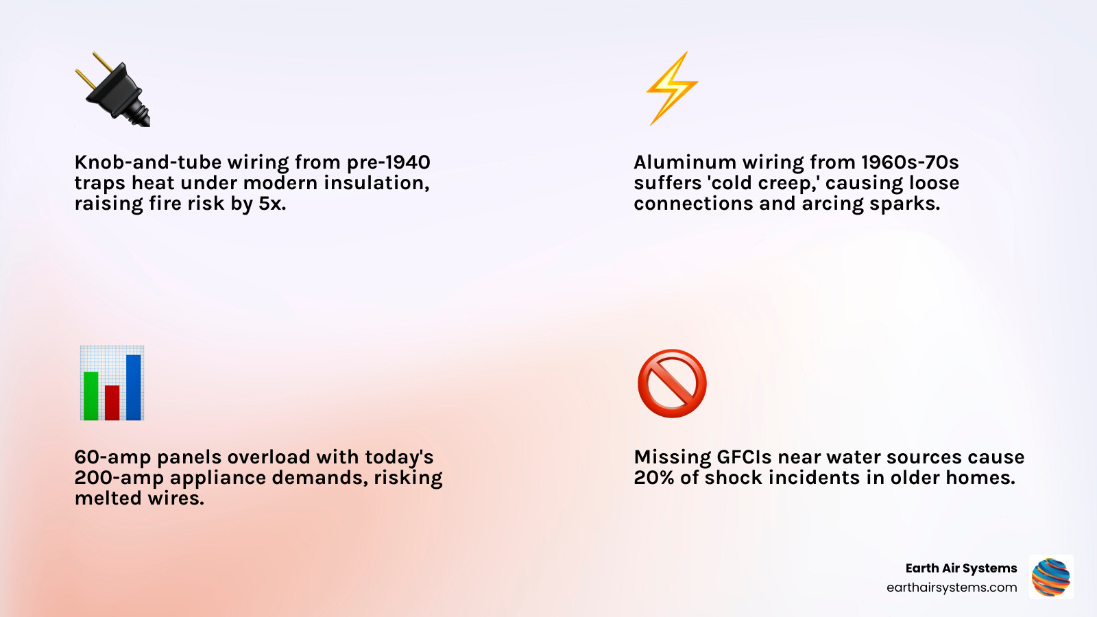 Common electrical fire triggers in vintage homes: knob-and-tube wiring, aluminum connections, overloaded 60-amp panels
