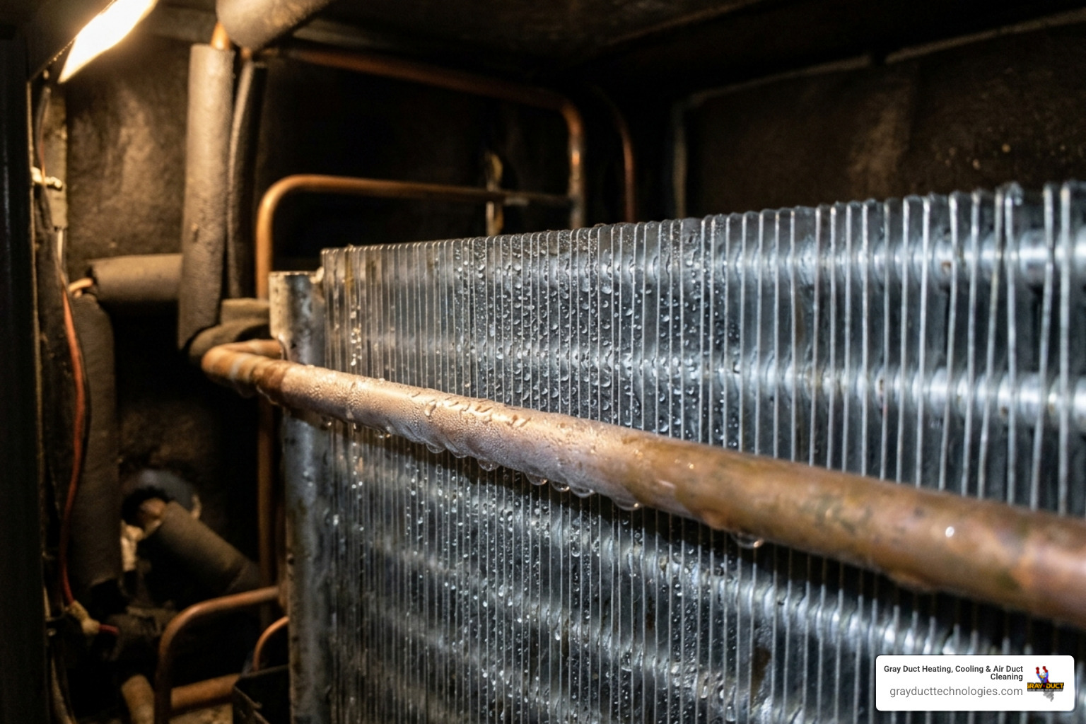 Close up of condensation beads on AC evaporator coils inside a dark air handler unit - summer mold risk in your hvac system