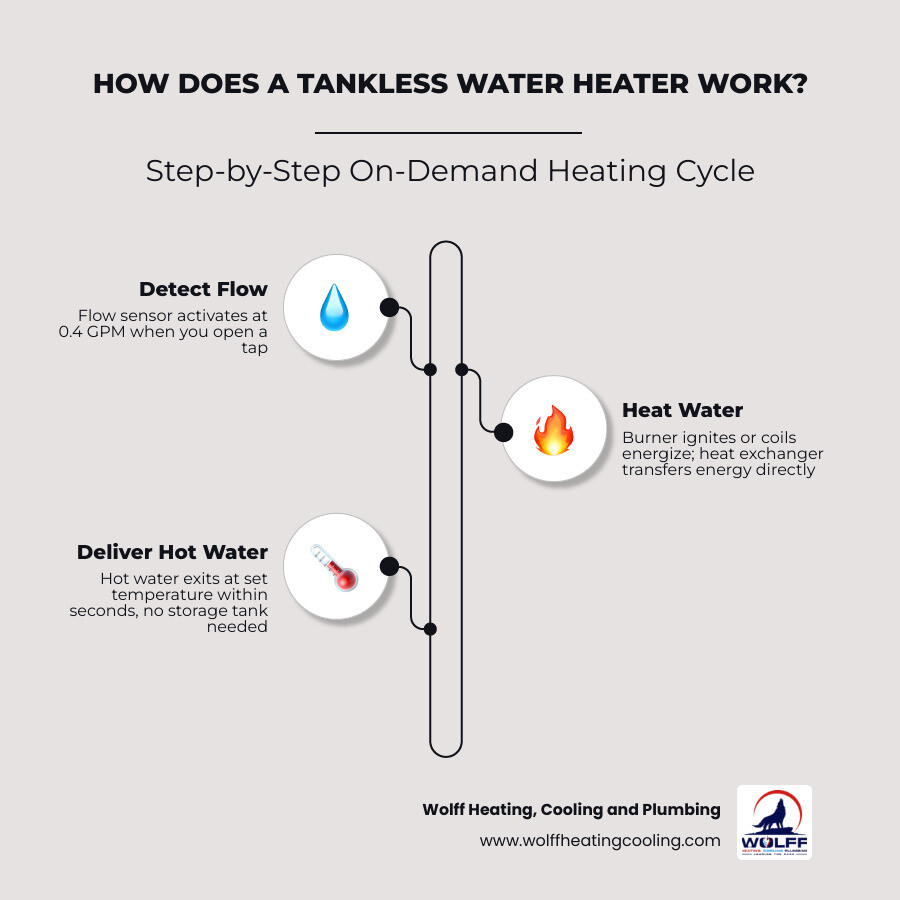 Step-by-step diagram of tankless water heater heating cycle from cold water inlet to hot water outlet - how does a tankless Step-by-step diagram of tankless water heater heating cycle from cold water inlet to hot water outlet - how does a tankless
