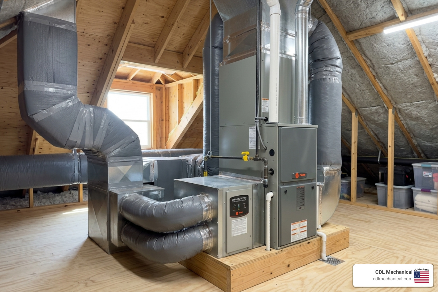 HVAC unit with an integrated air purifier installed in a clean attic space - how air purifiers work with your hvac system HVAC unit with an integrated air purifier installed in a clean attic space - how air purifiers work with your hvac system