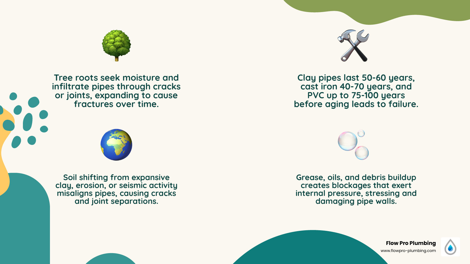 infographic showing 7 causes of residential sewer line damage over time with pipe material lifespans - what causes sewer infographic showing 7 causes of residential sewer line damage over time with pipe material lifespans - what causes sewer