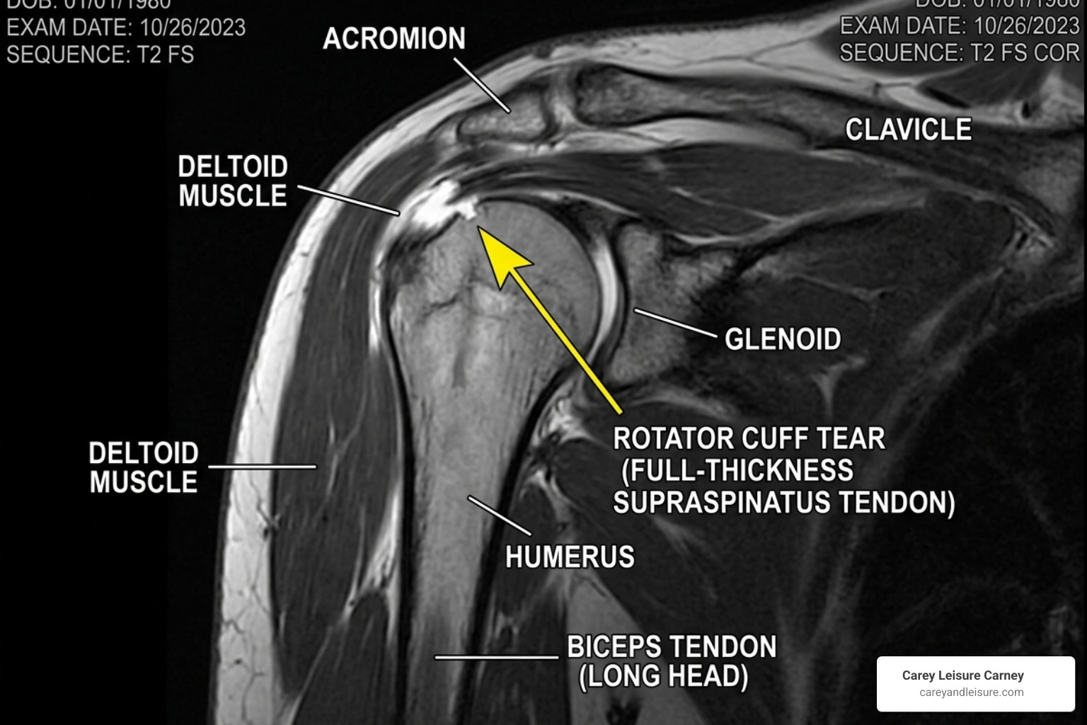 MRI scan of a shoulder showing a rotator cuff tear - shoulder pain after car accident compensation MRI scan of a shoulder showing a rotator cuff tear - shoulder pain after car accident compensation