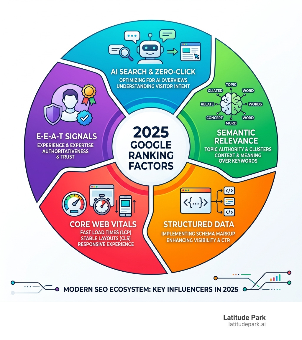 2025 SEO ecosystem infographic showing ranking factors: E-E-A-T, Core Web Vitals, AI search, semantic relevance, structured 2025 SEO ecosystem infographic showing ranking factors: E-E-A-T, Core Web Vitals, AI search, semantic relevance, structured