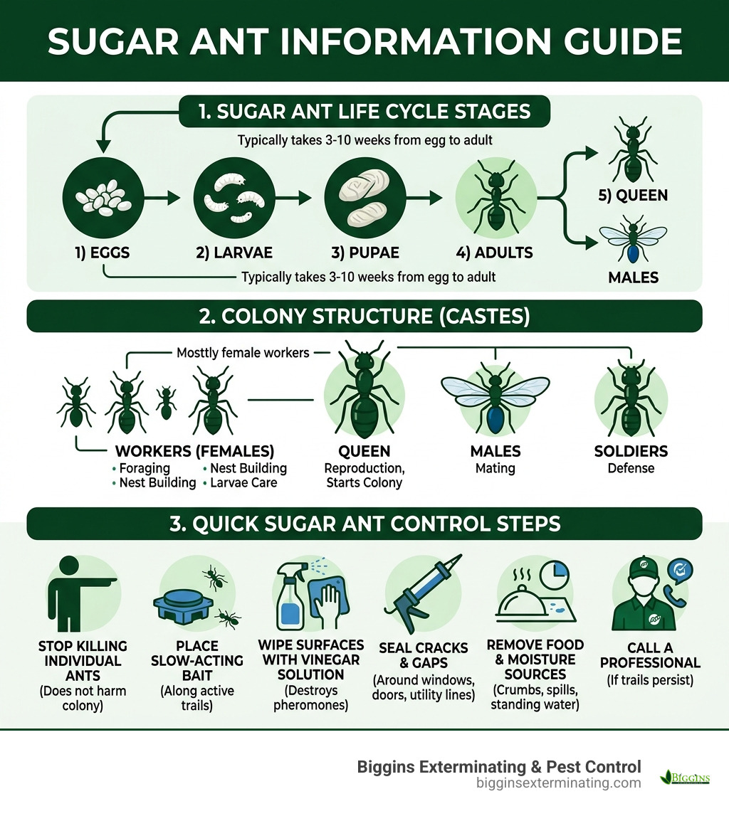 Sugar ant life cycle stages, colony structure, and quick control steps infographic - Sugar ant control infographic 