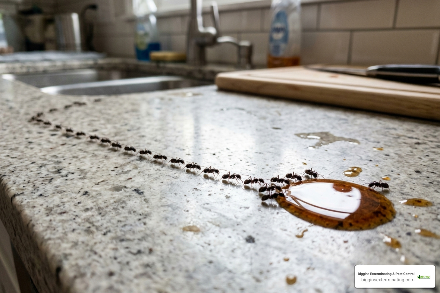 ants attracted to a sugary spill on a kitchen counter - Sugar ant control