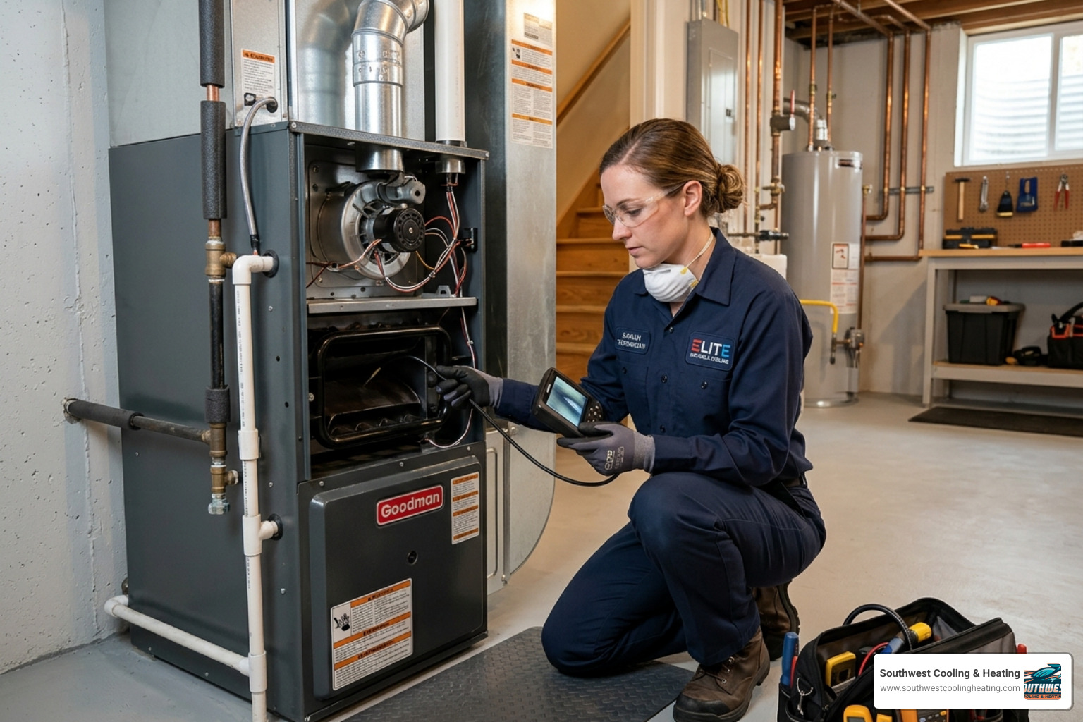 HVAC technician performing a safety inspection on a furnace heat exchanger - when to repair vs replace your hvac system HVAC technician performing a safety inspection on a furnace heat exchanger - when to repair vs replace your hvac system