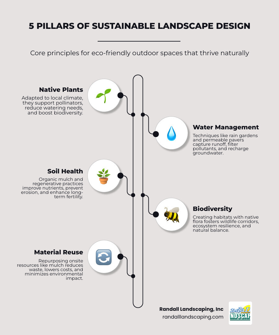 5 pillars of sustainable landscape design: native plants, water management, soil health, biodiversity, material reuse 5 pillars of sustainable landscape design: native plants, water management, soil health, biodiversity, material reuse
