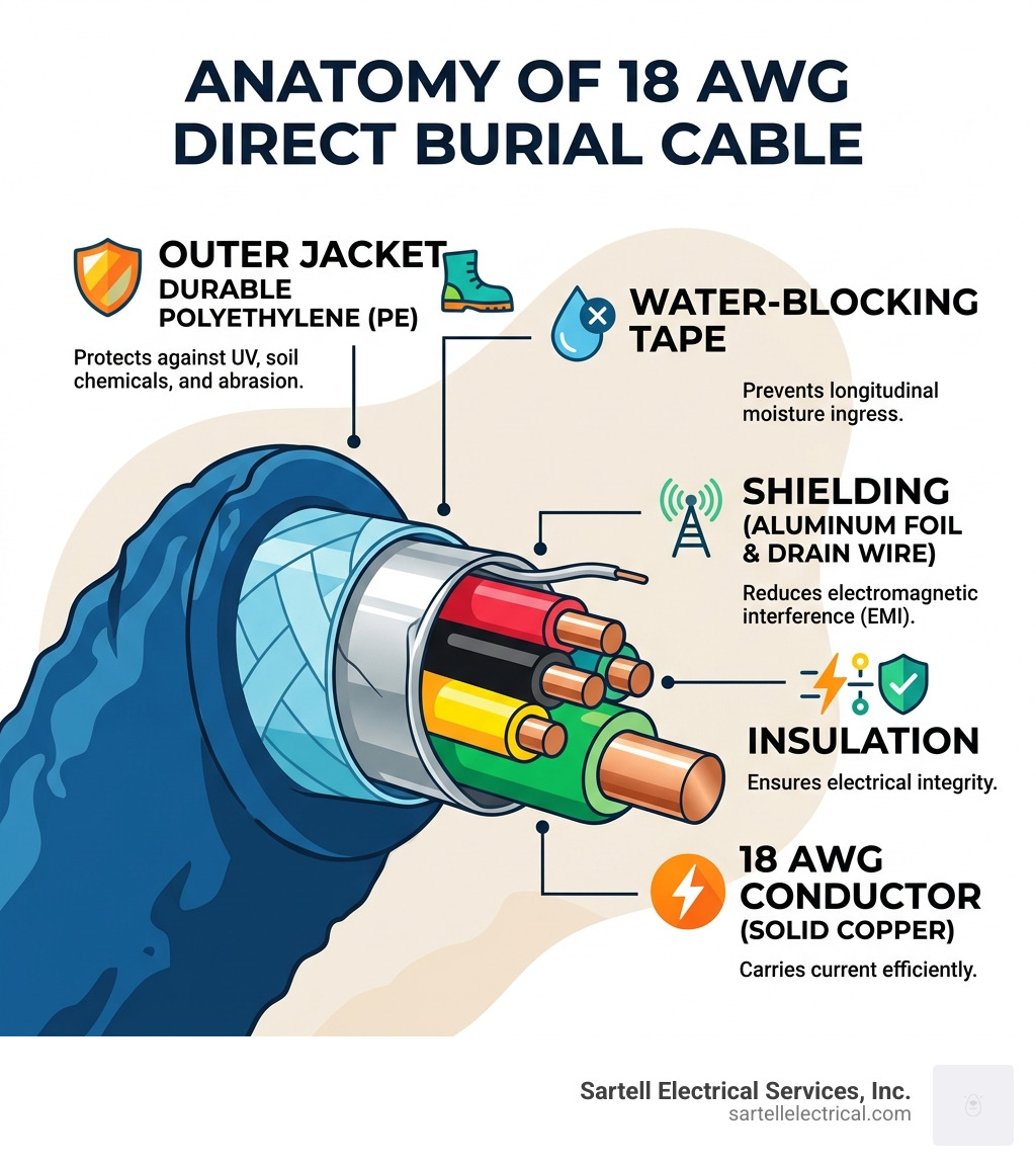 Infographic showing layers of 18 AWG direct burial cable: conductor, insulation, shielding, water-blocking tape, and outer Infographic showing layers of 18 AWG direct burial cable: conductor, insulation, shielding, water-blocking tape, and outer