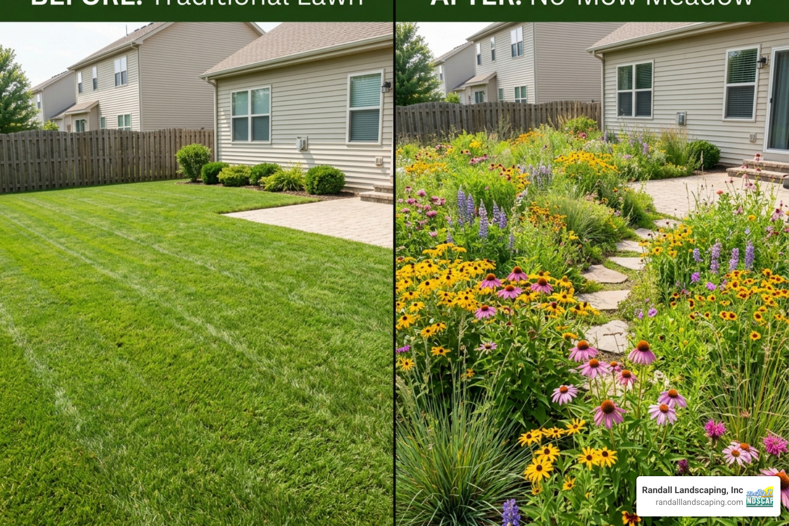 A low-maintenance "no-mow" meadow replacing a traditional high-maintenance lawn - Sustainable landscape solutions A low-maintenance "no-mow" meadow replacing a traditional high-maintenance lawn - Sustainable landscape solutions