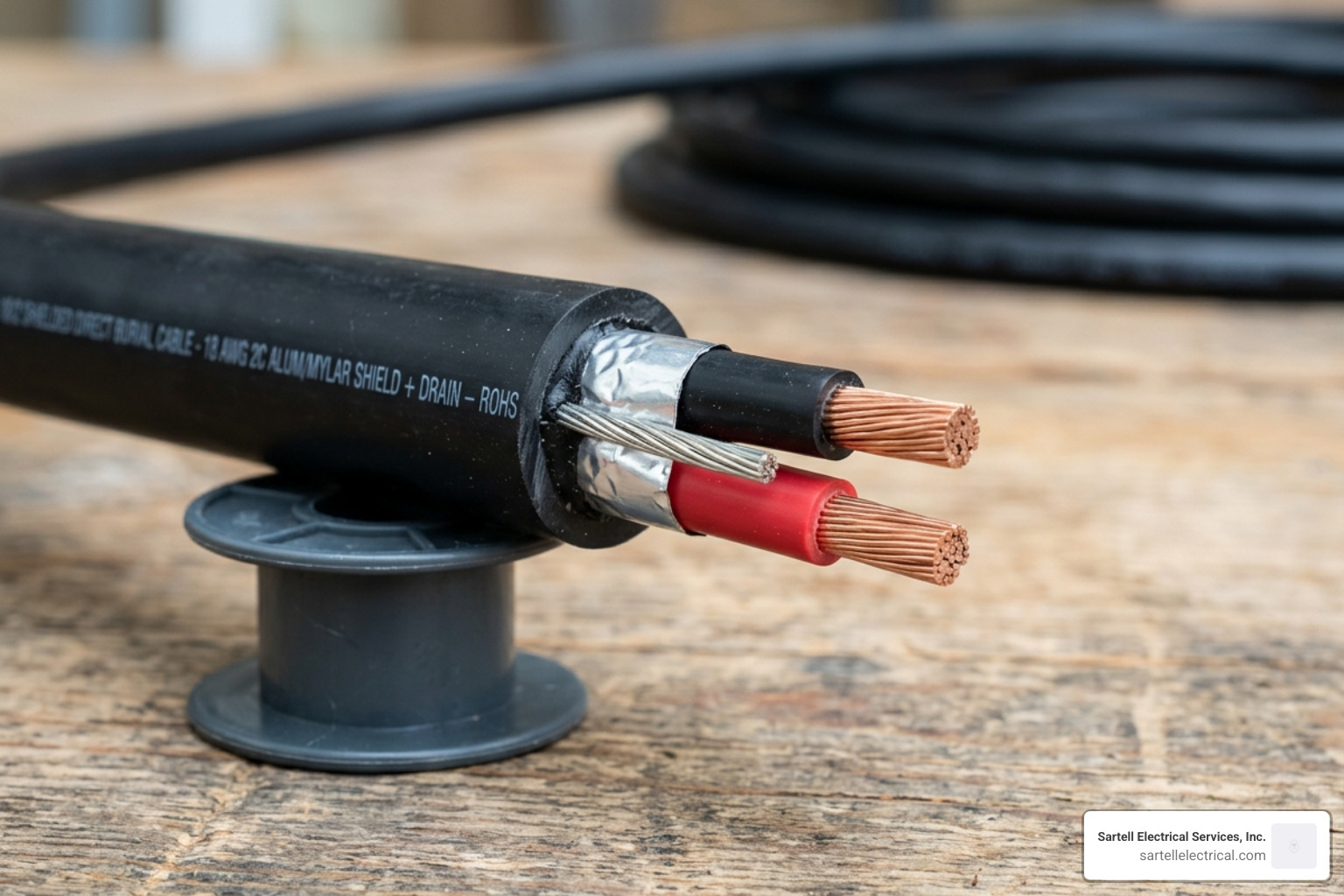 Cross-section of 18/2 shielded direct burial cable showing red and black conductors - 18 awg direct burial wire Cross-section of 18/2 shielded direct burial cable showing red and black conductors - 18 awg direct burial wire