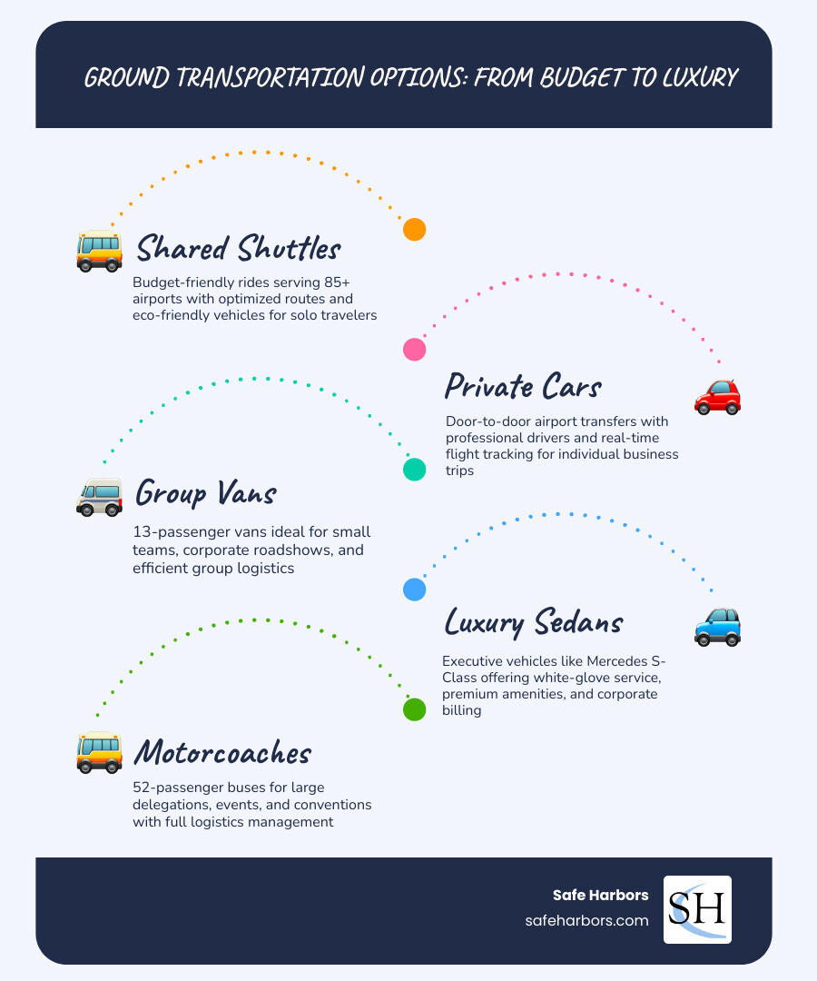 Infographic showing ground transport options from shared shuttles to luxury limos with key providers and coverage stats