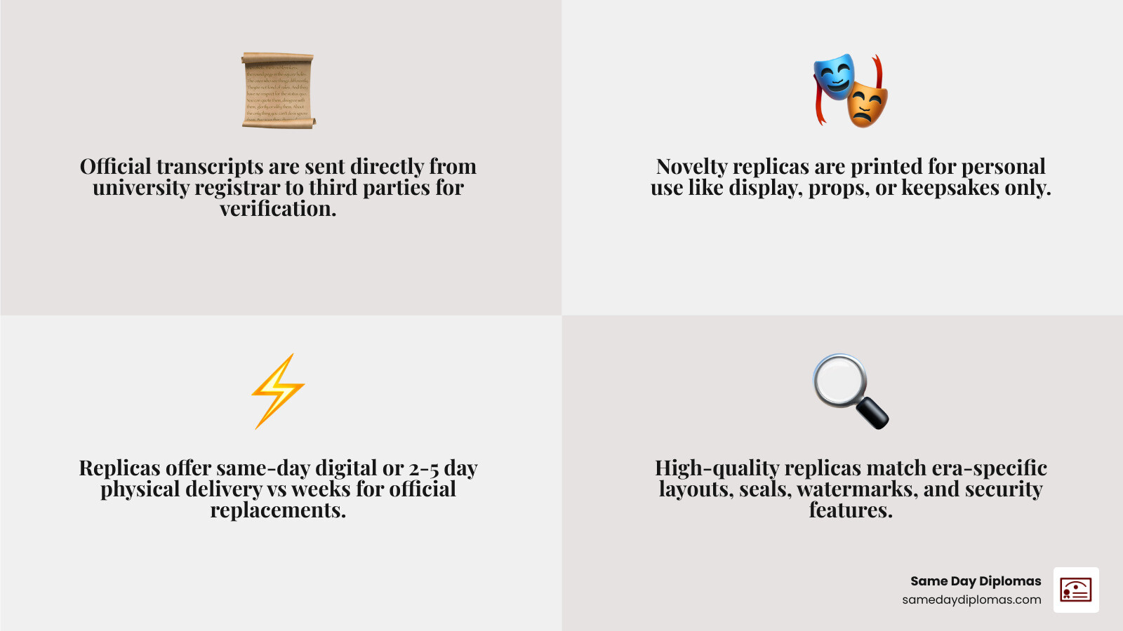 Infographic comparing official PhD transcripts vs novelty replicas: legal uses, turnaround times, key features - novelty phd