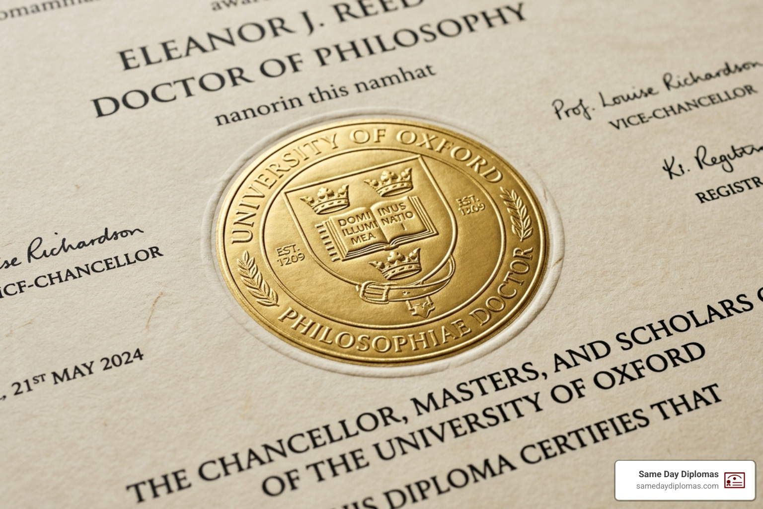 Raised gold foil seal on a PhD document with intricate embossed details - novelty phd transcript replica