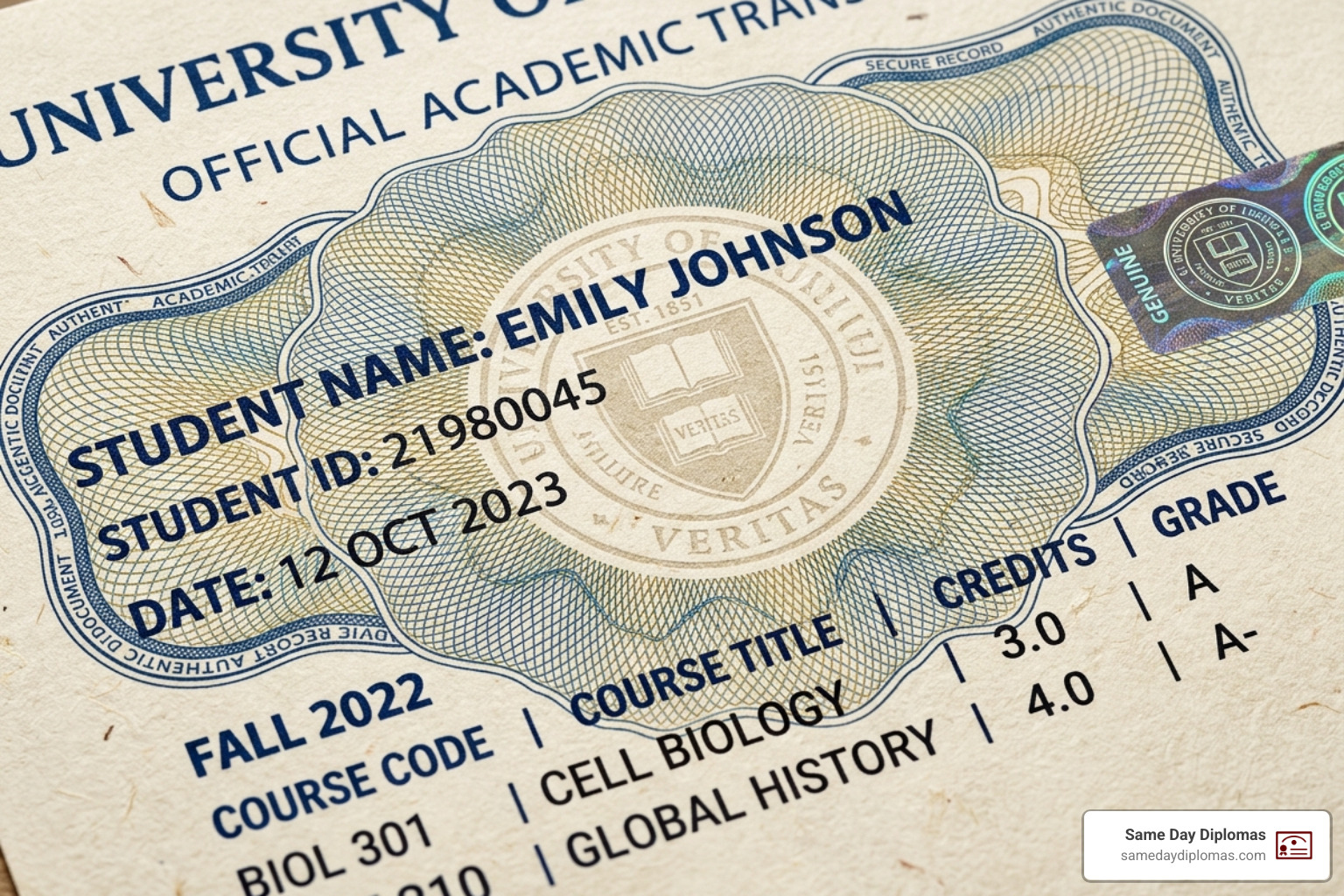 Close-up of high-security academic transcript paper showing anti-copy patterns and watermarks - novelty phd transcript