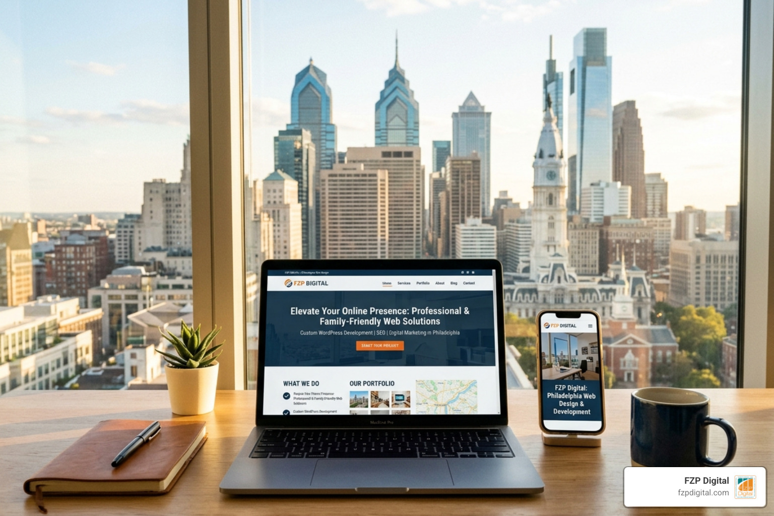 Professional responsive WordPress website displayed on a laptop and smartphone with Philadelphia skyline in background Professional responsive WordPress website displayed on a laptop and smartphone with Philadelphia skyline in background