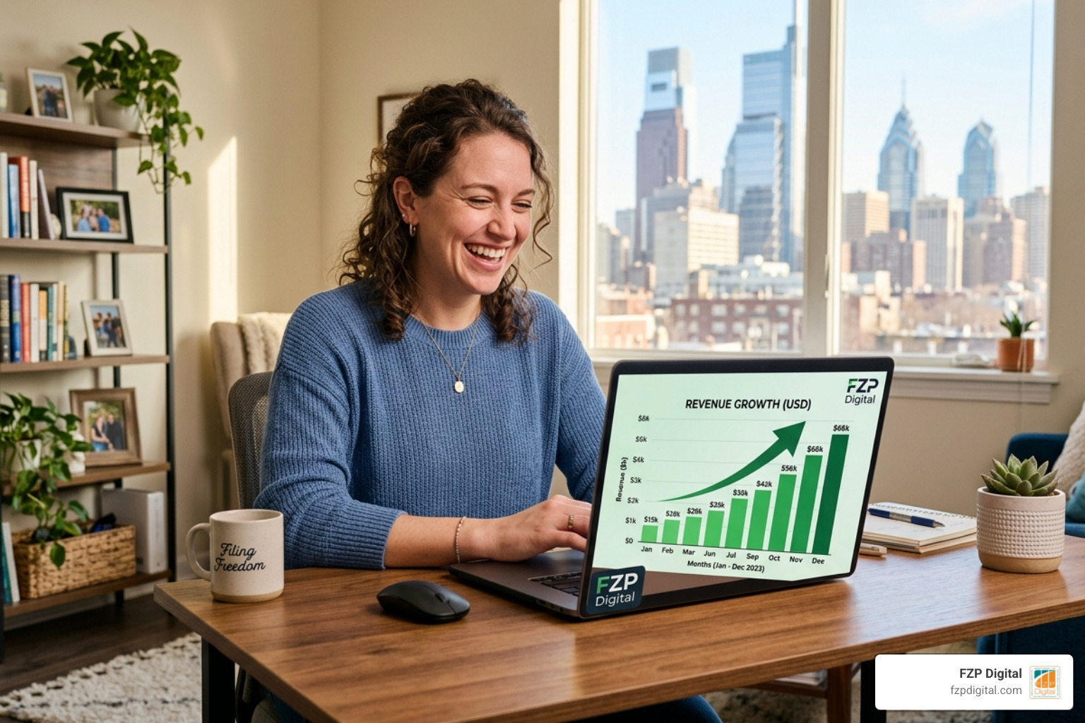 Small business owner smiling at a laptop showing a revenue growth chart - digital marketing company for small business Small business owner smiling at a laptop showing a revenue growth chart - digital marketing company for small business
