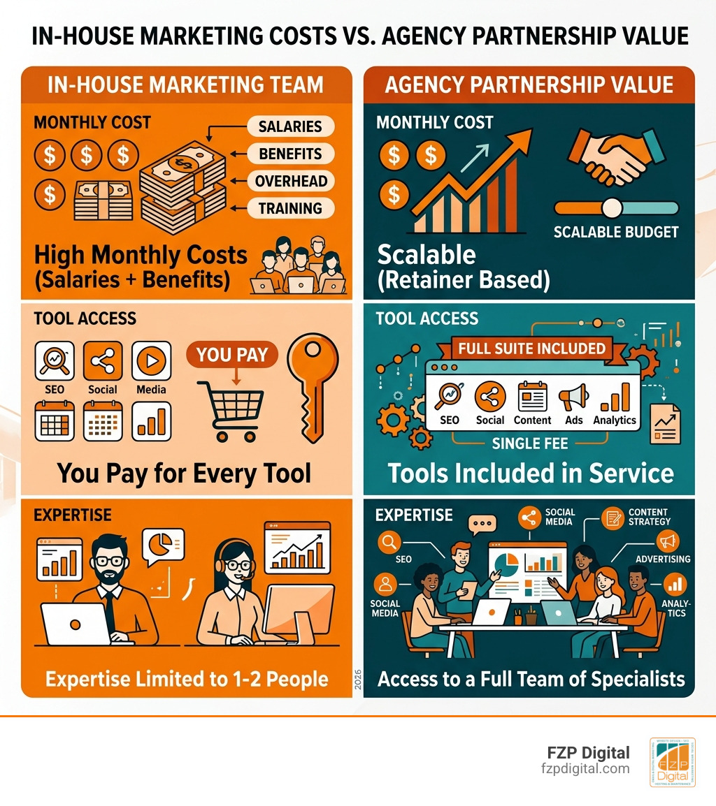 Infographic showing the comparison between in-house marketing costs vs agency partnership value - digital marketing company Infographic showing the comparison between in-house marketing costs vs agency partnership value - digital marketing company