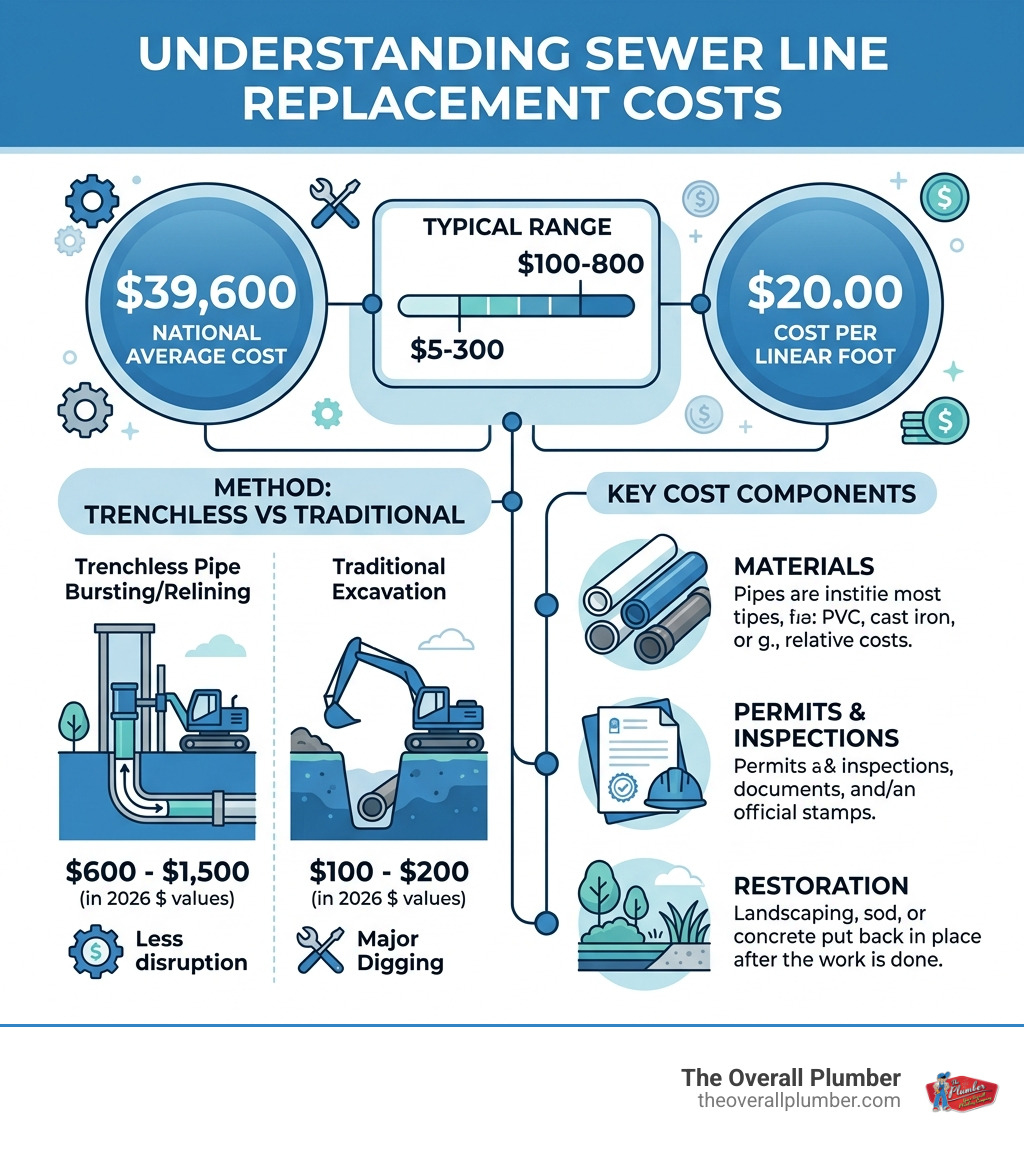 Infographic showing sewer line replacement cost components: average cost, cost per linear foot, trenchless vs traditional Infographic showing sewer line replacement cost components: average cost, cost per linear foot, trenchless vs traditional