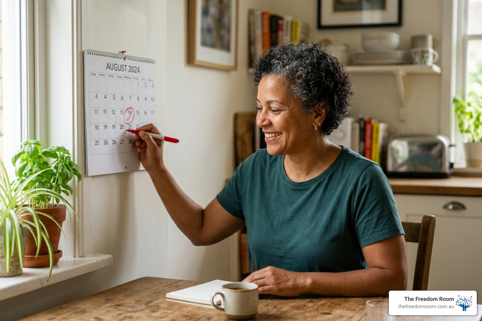 A smiling woman marking a milestone on her wall calendar, representing the progress and consistency maintained through aftercare for alcoholics. A smiling woman marking a milestone on her wall calendar, representing the progress and consistency maintained through aftercare for alcoholics.