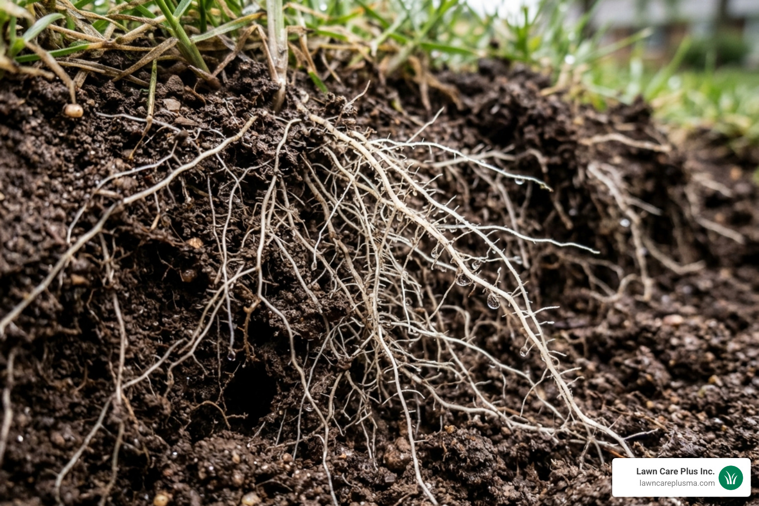 Grass roots deep in the soil absorbing nutrients and water - fertilizer for grass growth