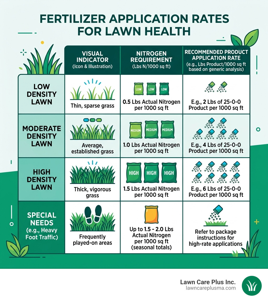 Table comparing application rates for different lawn densities and nitrogen requirements - fertilizer for grass growth