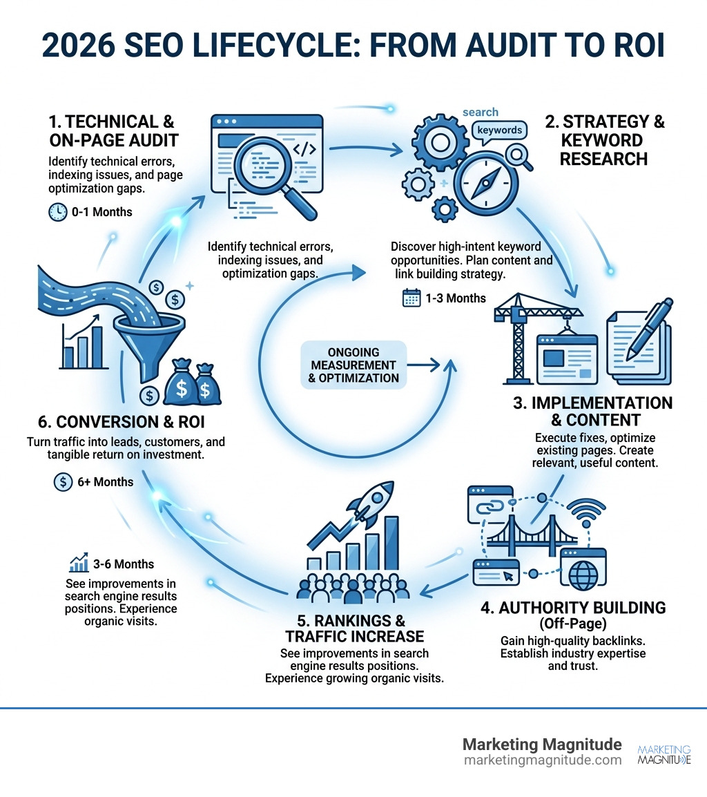 2026 SEO lifecycle infographic showing phases from audit to rankings to ROI - seo optimization service provider infographic 2026 SEO lifecycle infographic showing phases from audit to rankings to ROI - seo optimization service provider infographic
