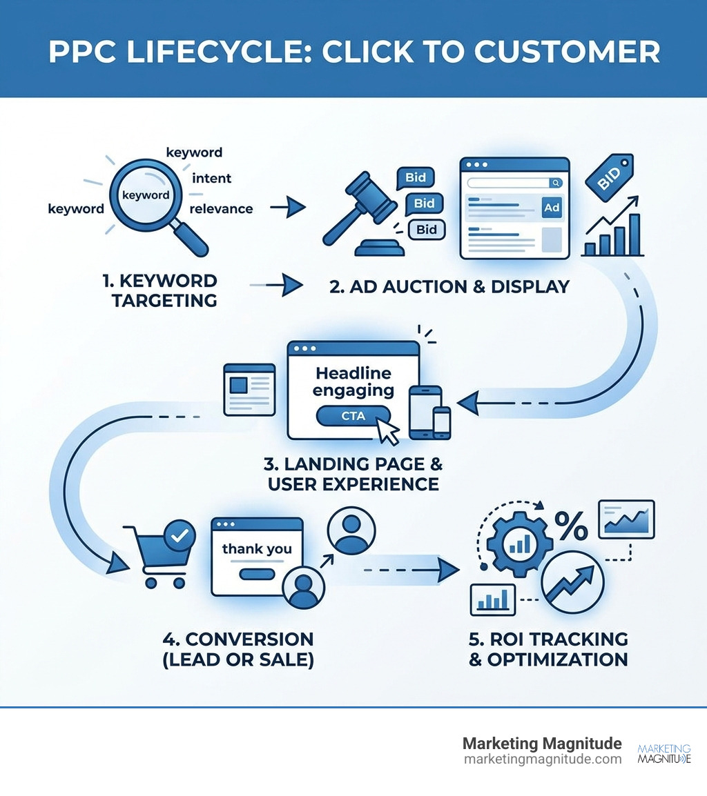 PPC lifecycle infographic from click to customer showing keyword targeting, ad auction, landing page, conversion, and ROI PPC lifecycle infographic from click to customer showing keyword targeting, ad auction, landing page, conversion, and ROI