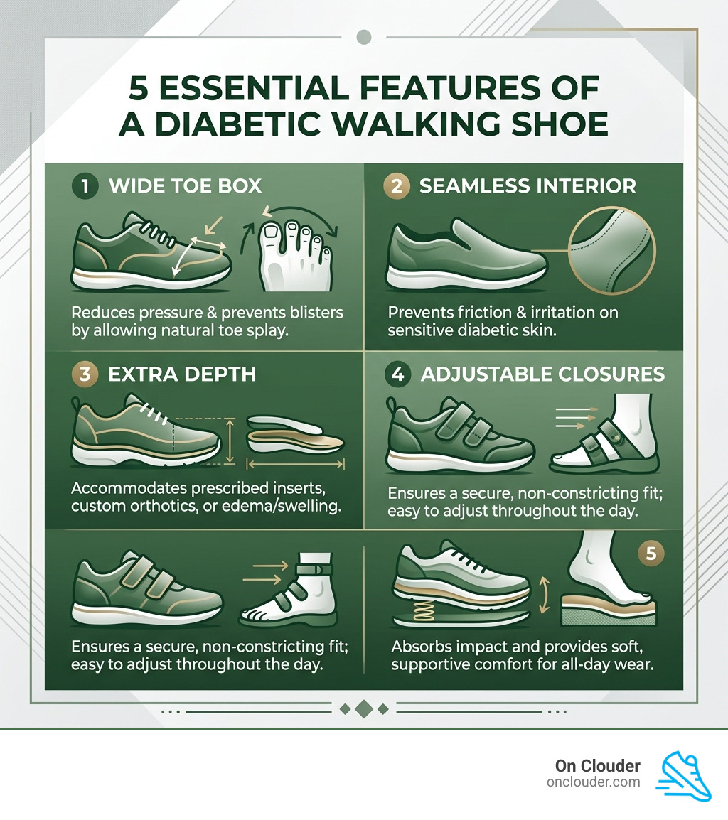 5 essential features of a diabetic walking shoe: wide toe box, seamless interior, extra depth, adjustable closures