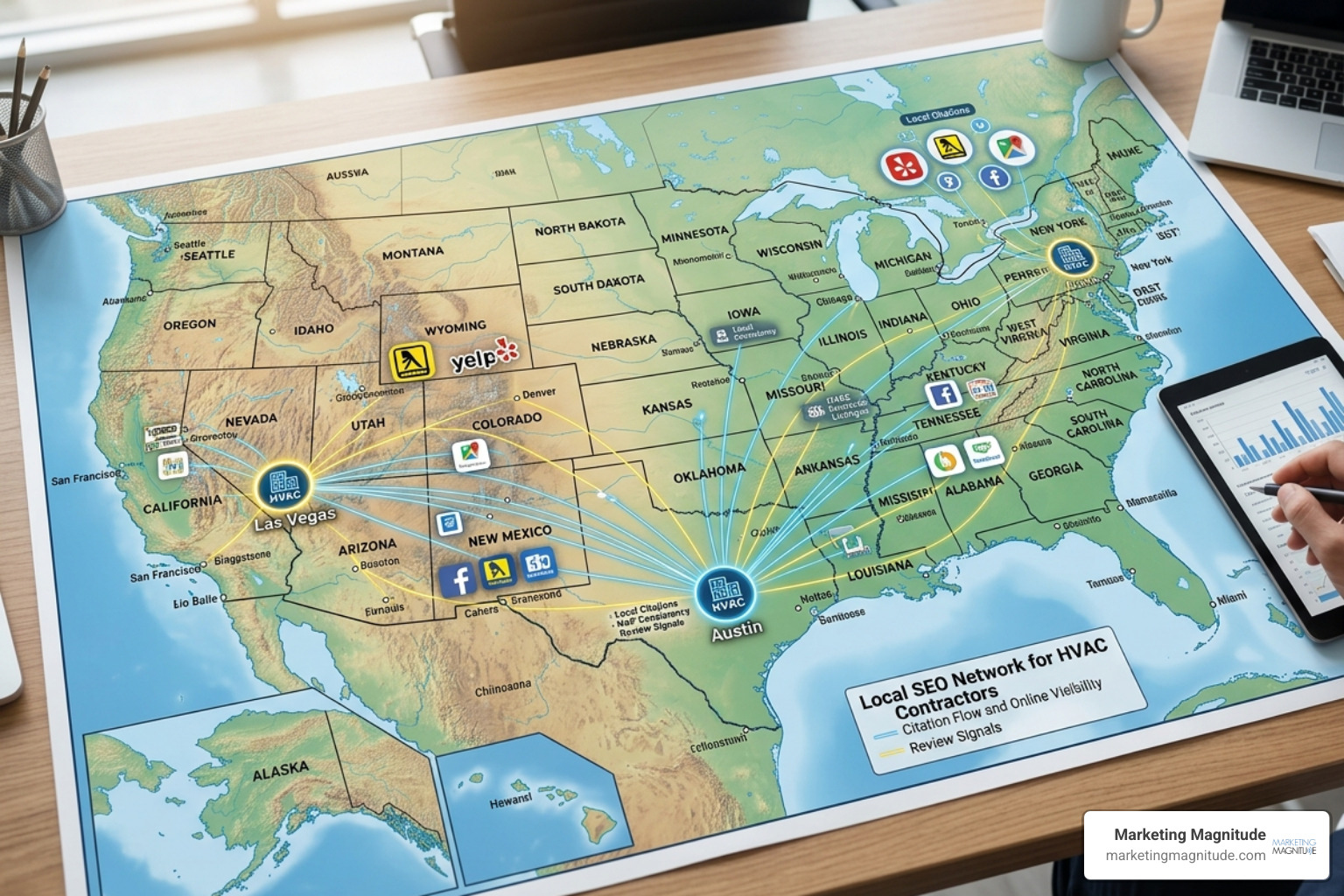 A map showing local citations spread across various directories and social platforms - local seo hvac contractors A map showing local citations spread across various directories and social platforms - local seo hvac contractors