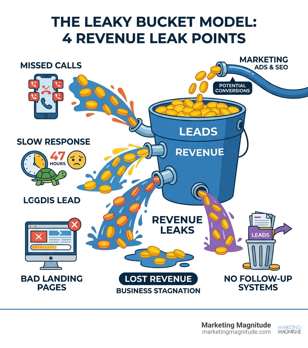 Infographic showing the leaky bucket model: four revenue leak points — missed calls, slow response, bad landing pages, no Infographic showing the leaky bucket model: four revenue leak points — missed calls, slow response, bad landing pages, no