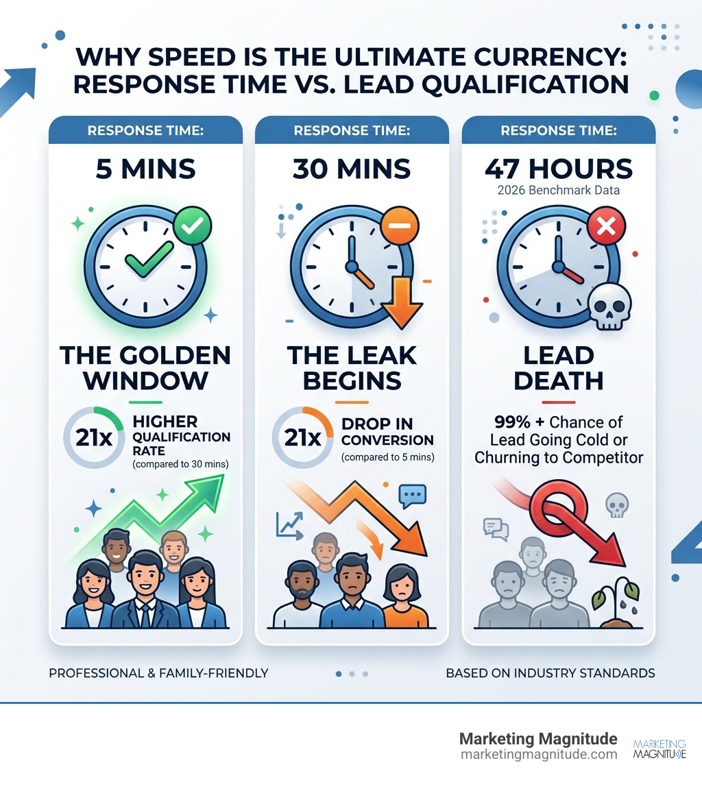 Table comparing response times: 5 mins = 21x qualification rate; 30 mins = 21x drop; 47 hours = lead death - “The Hidden Table comparing response times: 5 mins = 21x qualification rate; 30 mins = 21x drop; 47 hours = lead death - “The Hidden