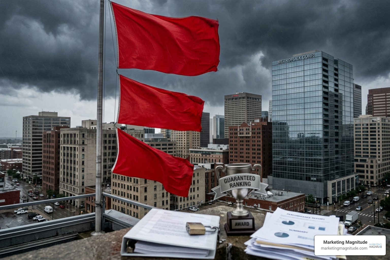 Red flag warning signs including lack of transparency, guaranteed rankings, and vague reports - “Why Most SEO Agencies Fail Red flag warning signs including lack of transparency, guaranteed rankings, and vague reports - “Why Most SEO Agencies Fail